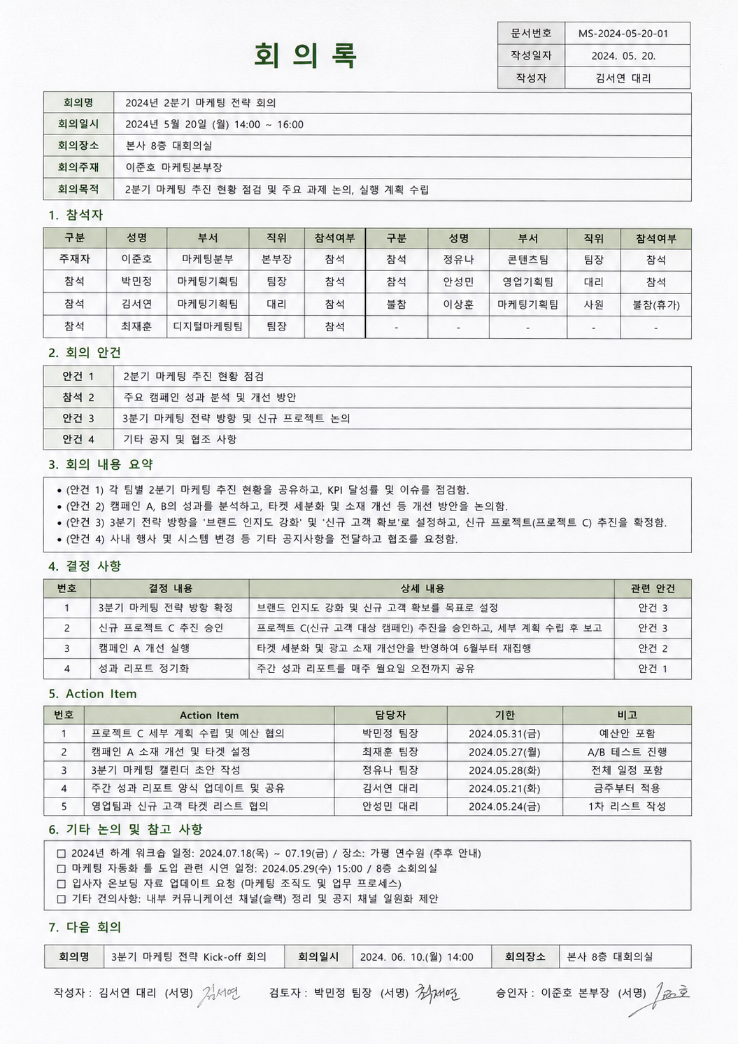 회의록 템플릿 미리보기